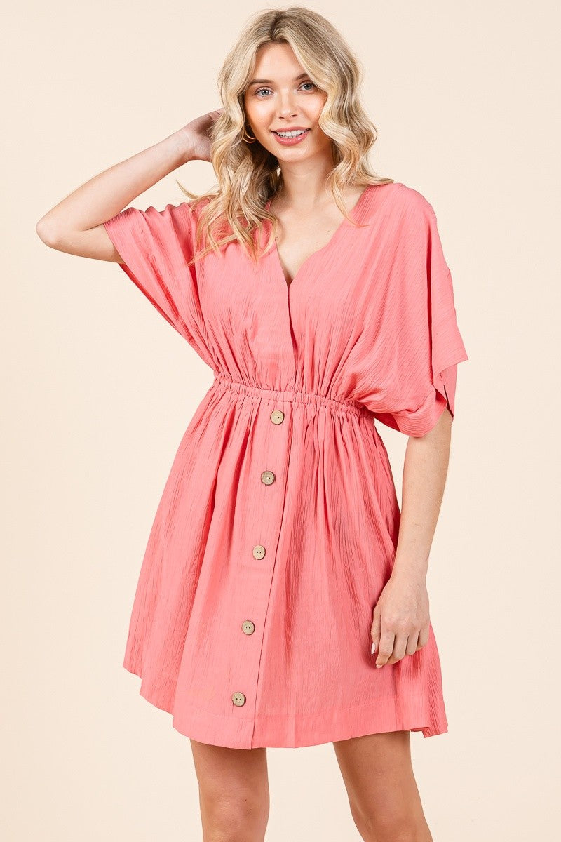 V-NECK DROP SHOULDER WRAP FRONT WOVEN MINI DRESS- CORAL