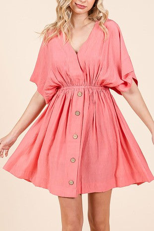 V-NECK DROP SHOULDER WRAP FRONT WOVEN MINI DRESS- CORAL