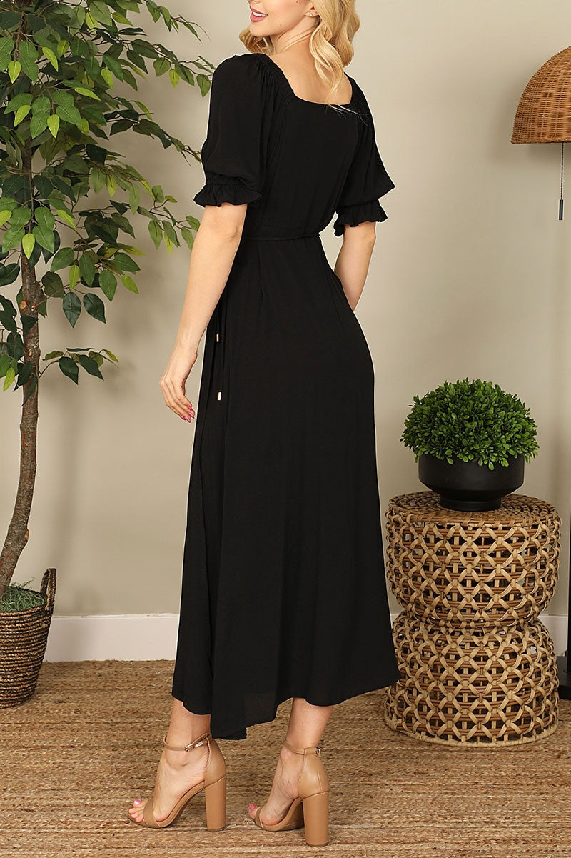 WRAP PUFF SLEEVE SIDE SLIT SOLID MIDI DRESS- BLACK