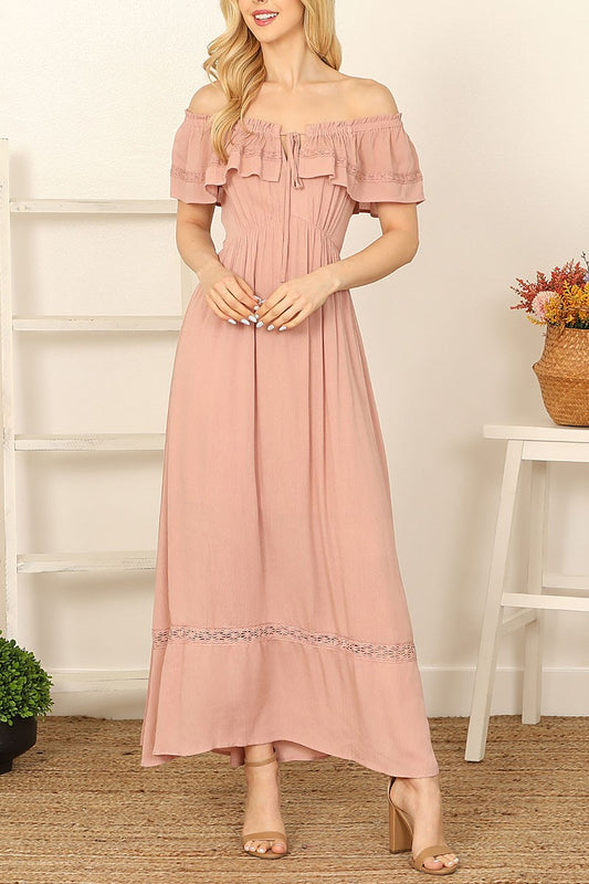 RUFFLE OFF SHOULDER TIE BACK CUT TIE MAXI DRESS- ASH ROSE