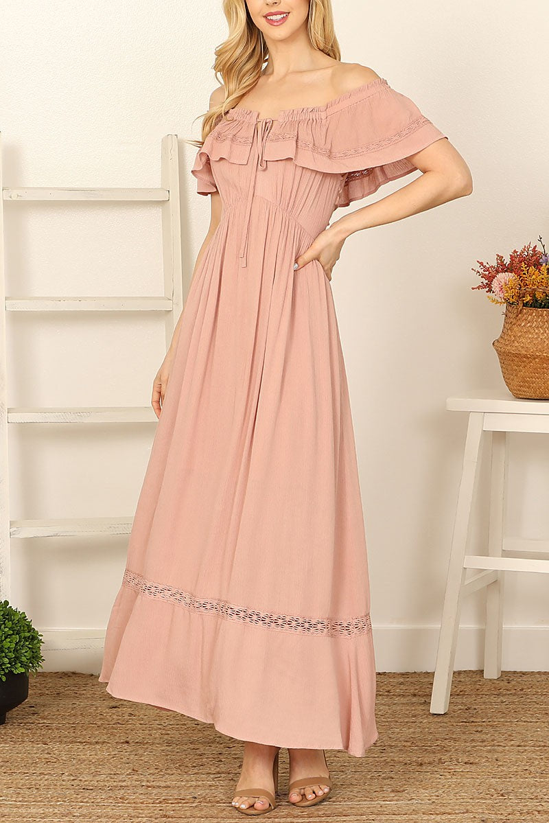 RUFFLE OFF SHOULDER TIE BACK CUT TIE MAXI DRESS- ASH ROSE