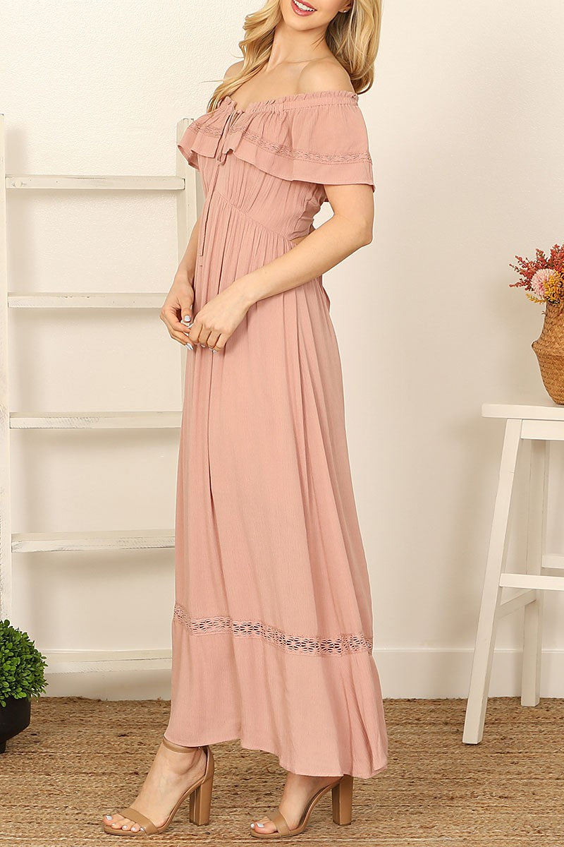 RUFFLE OFF SHOULDER TIE BACK CUT TIE MAXI DRESS- ASH ROSE