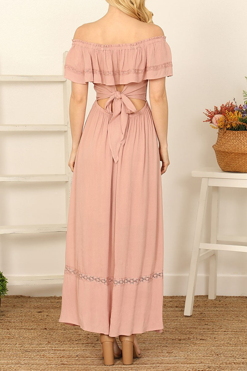 RUFFLE OFF SHOULDER TIE BACK CUT TIE MAXI DRESS- ASH ROSE