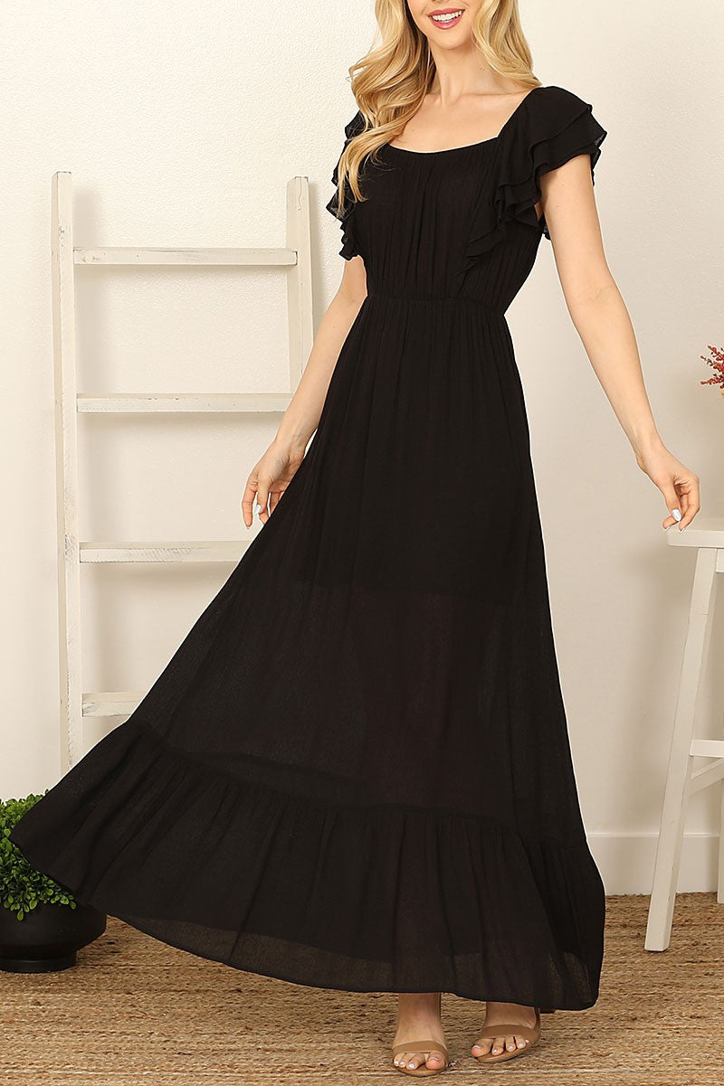 RUFFLE SLEEVE SOLID MAXI DRESS- BLACK