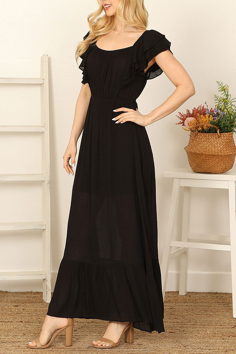 RUFFLE SLEEVE SOLID MAXI DRESS- BLACK