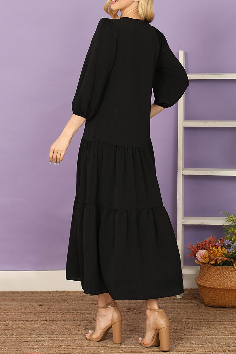 NOTCH NECK LONG SLEEVE TIERED RUFFLE SOLID DRESS- BLACK