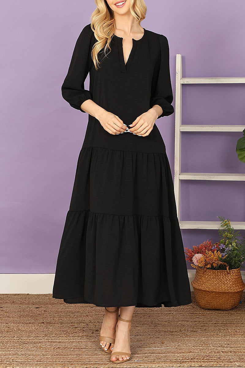 NOTCH NECK LONG SLEEVE TIERED RUFFLE SOLID DRESS- BLACK