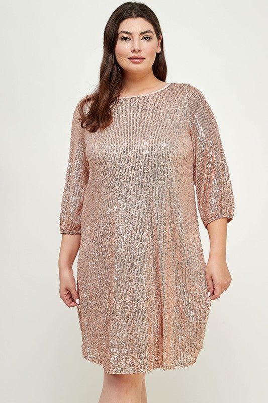 PLUS SIZE SEQUINS BABY DOLL DRESS - CHAMPAGNE