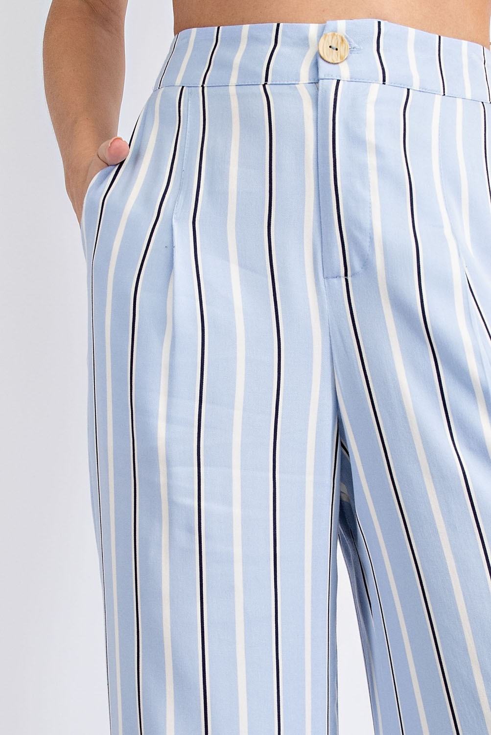 PLUS SIZE STRIPED HI WAIST WIDE LEG LONG PANTS- BLUE