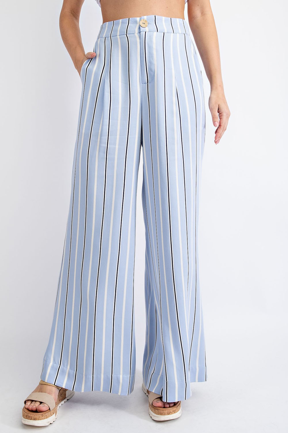 PLUS SIZE STRIPED HI WAIST WIDE LEG LONG PANTS- BLUE