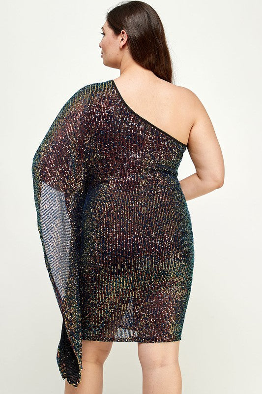 PLUS SIZE SEQUINS ONE SLEEVE DRESS - MULTI