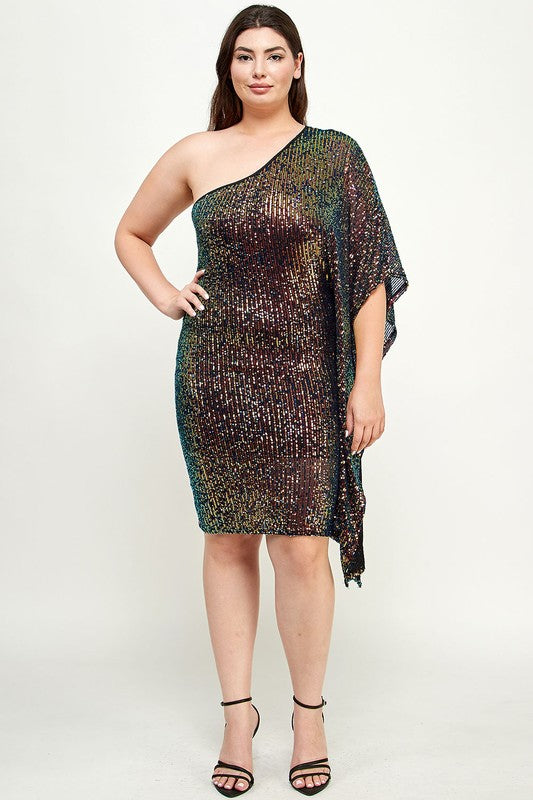 PLUS SIZE SEQUINS ONE SLEEVE DRESS - MULTI