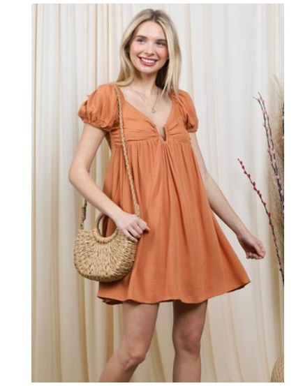 Wide V Neck Textured Rayon Puff Sleeve Dress - BURNT ORANGE