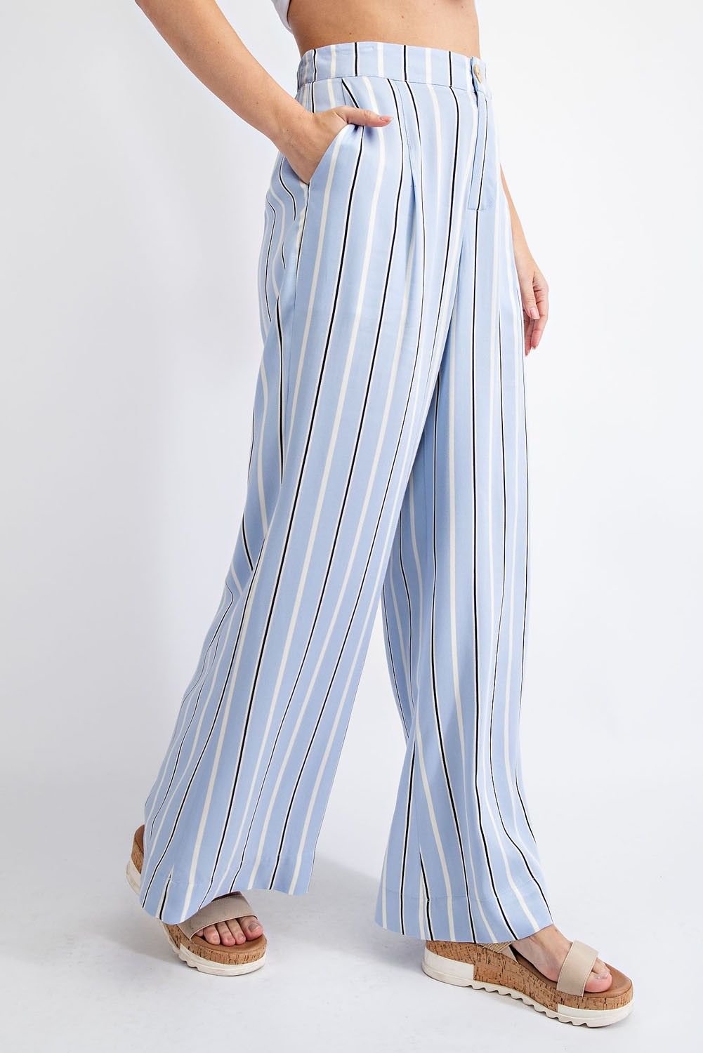 PLUS SIZE STRIPED HI WAIST WIDE LEG LONG PANTS- BLUE