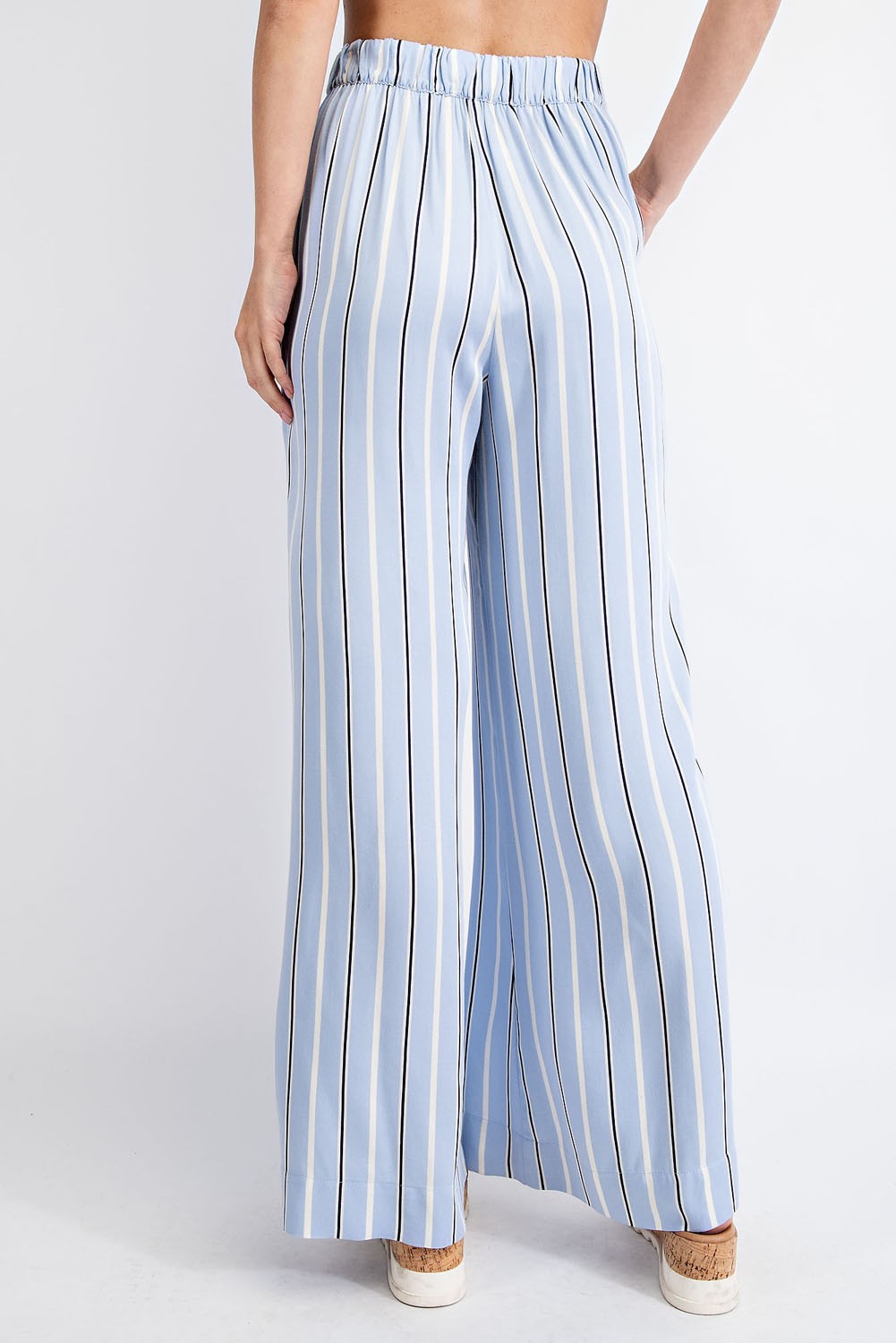 PLUS SIZE STRIPED HI WAIST WIDE LEG LONG PANTS- BLUE