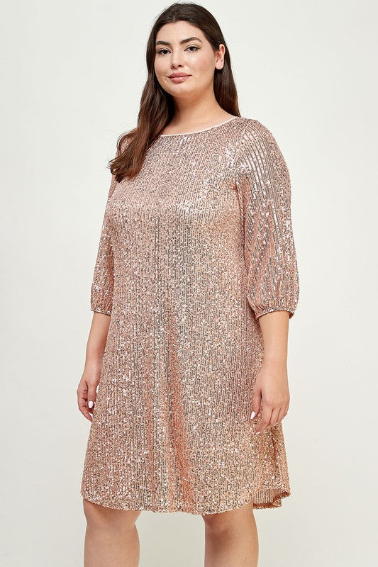 PLUS SIZE SEQUINS BABY DOLL DRESS - CHAMPAGNE