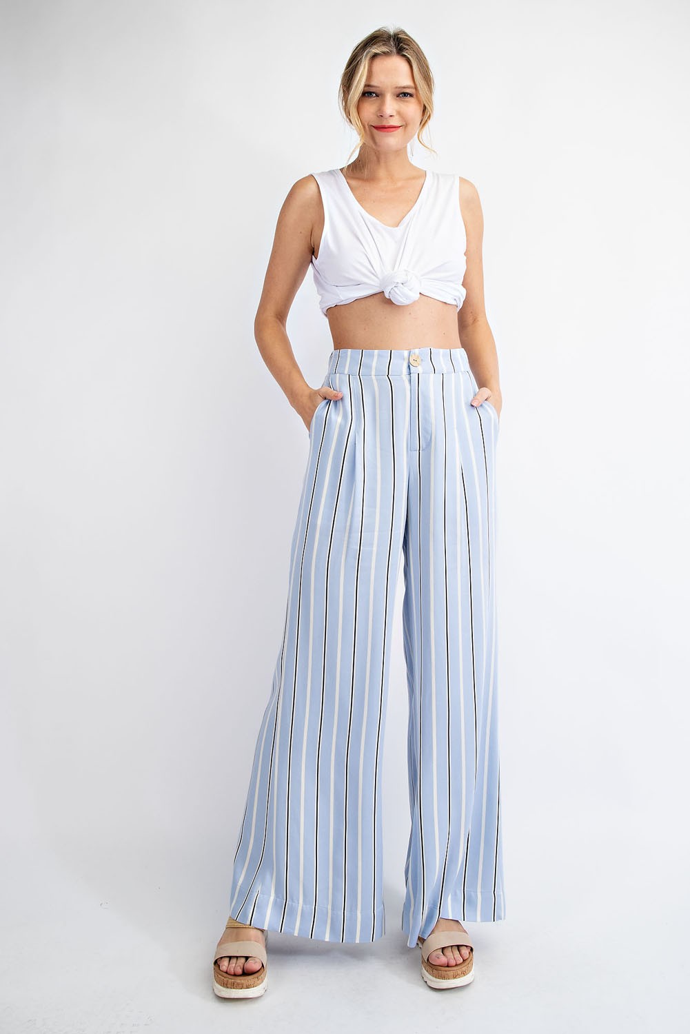 PLUS SIZE STRIPED HI WAIST WIDE LEG LONG PANTS- BLUE