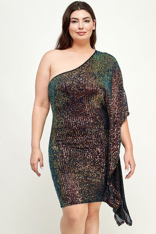 PLUS SIZE SEQUINS ONE SLEEVE DRESS - MULTI