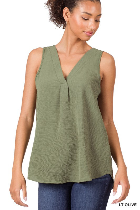 WOVEN AIRFLOW V-NECK SLEEVELESS TOP OLIVE