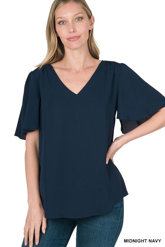 WOVEN WOOL PEACH WATERFALL SLEEVE V-NECK TOP MIDNIGHT NAVY