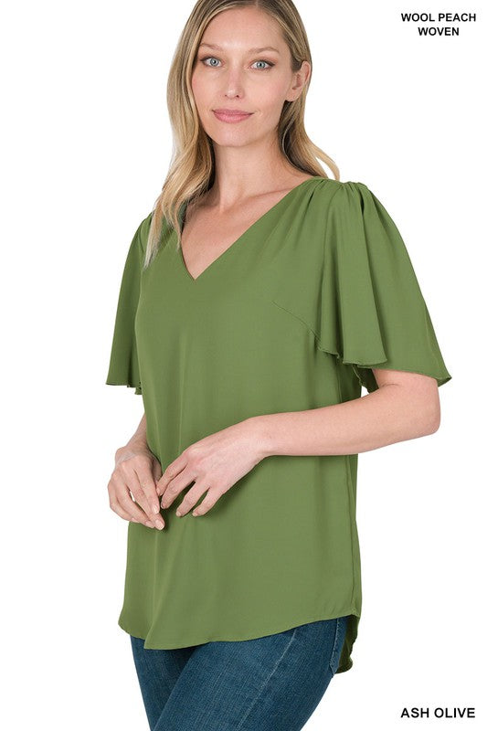 WOVEN WOOL PEACH WATERFALL SLEEVE V-NECK TOP OLIVE