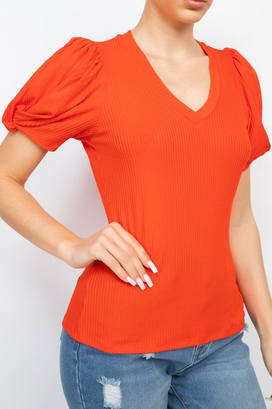 Twisted Puff Sleeves Ribbed Top