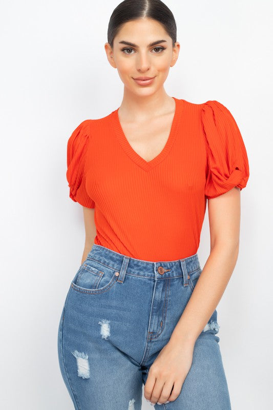 Twisted Puff Sleeves Ribbed Top