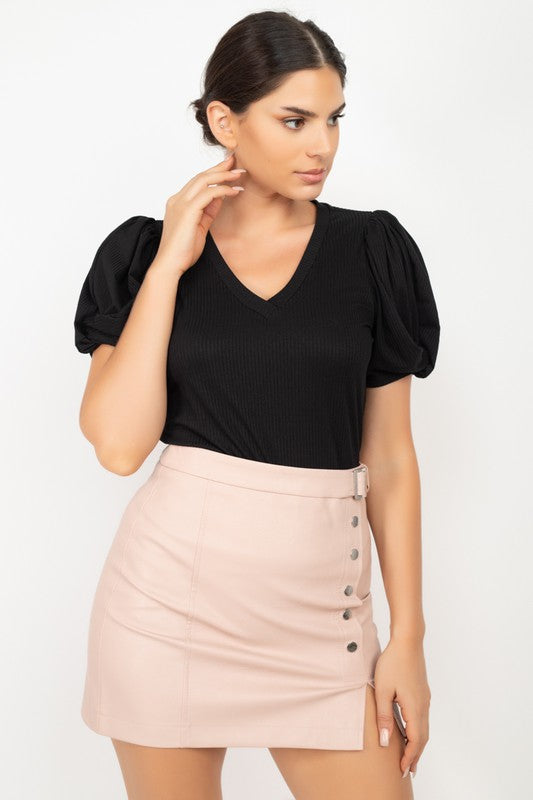 Twisted Puff Sleeves Ribbed Top