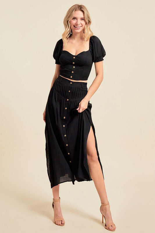 SOLID PUFF SLEEVE BUTTON DOWN TOP WITH SLIT OPEN SIDE SKIRT SET - BLACK