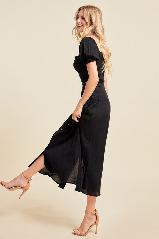 SOLID PUFF SLEEVE BUTTON DOWN TOP WITH SLIT OPEN SIDE SKIRT SET - BLACK