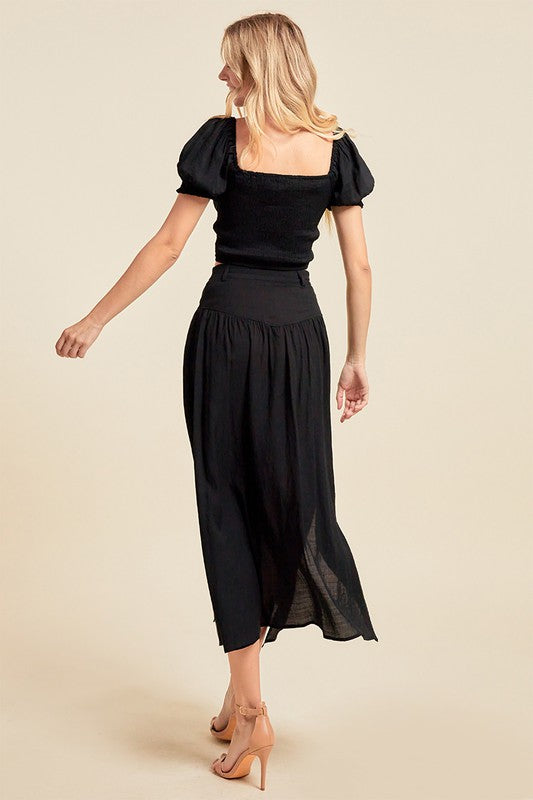 SOLID PUFF SLEEVE BUTTON DOWN TOP WITH SLIT OPEN SIDE SKIRT SET - BLACK