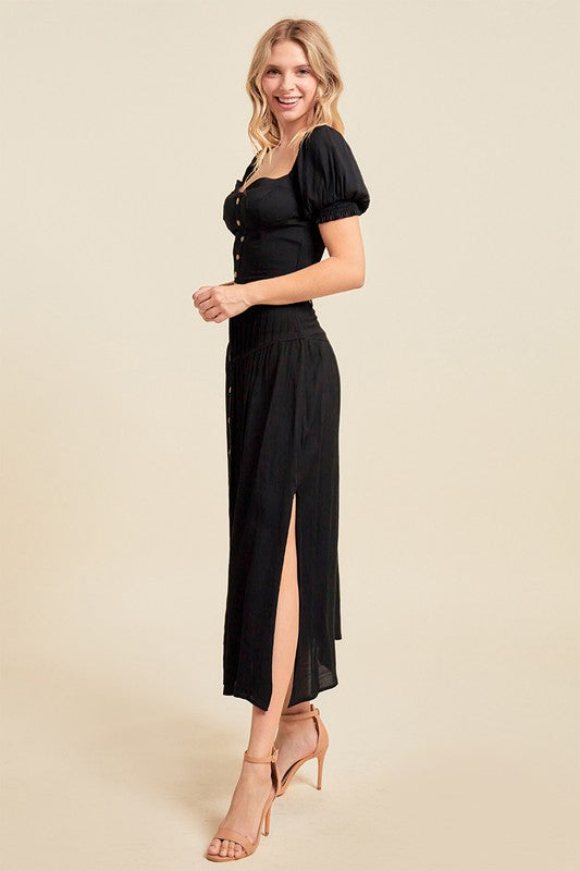 SOLID PUFF SLEEVE BUTTON DOWN TOP WITH SLIT OPEN SIDE SKIRT SET - BLACK