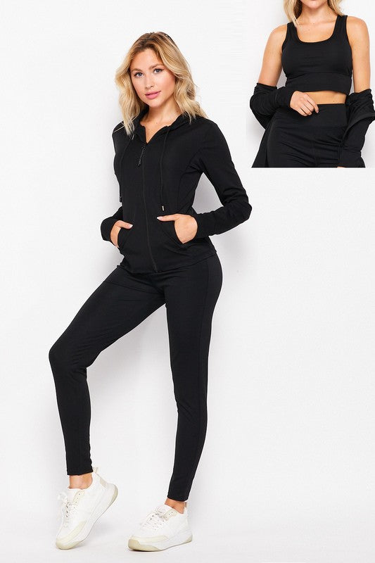 Active Bra and Pocket Hoodie / Leggings 3pcs Set