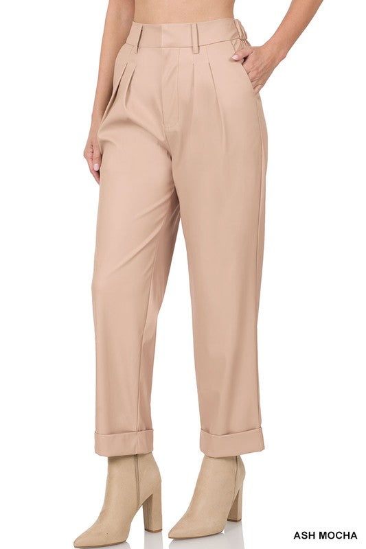 VEGAN LEATHER PLEAT FRONT PANTS - ELASTICIZED BACK WAISTBAND - MOCHA