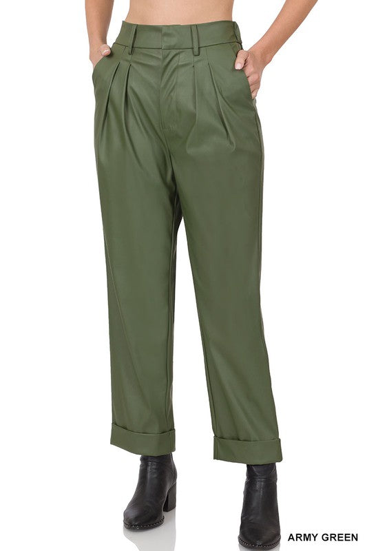 VEGAN LEATHER PLEAT FRONT PANTS - ELASTICIZED BACK WAISTBAND - ARMY GREEN