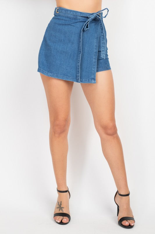 Front Wrap Self-Tie Belt Strap Denim Shorts - DARK DENIM