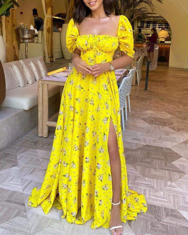 FLORAL PRINT RUCHED HIGH SLIT MAXI DRESS - YELLOW