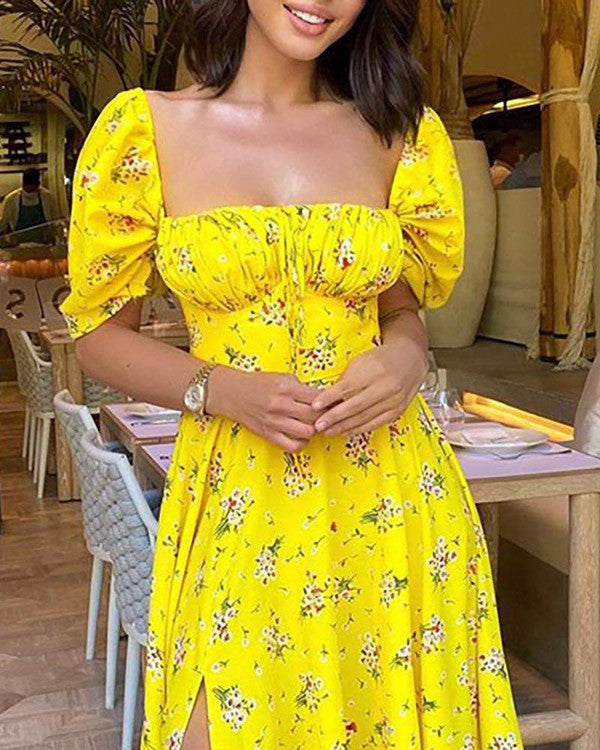 FLORAL PRINT RUCHED HIGH SLIT MAXI DRESS - YELLOW