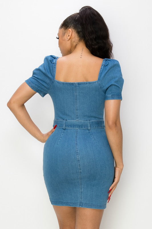 Waist Tied Puff Sleeve Bodycon Dress - MEDIUM DENIM