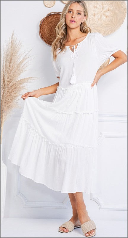 Tiered Maxi Dress with Tassel WHITE