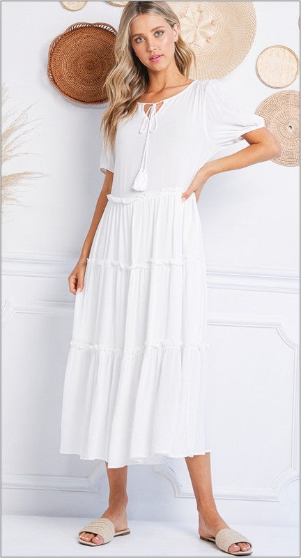 Tiered Maxi Dress with Tassel WHITE