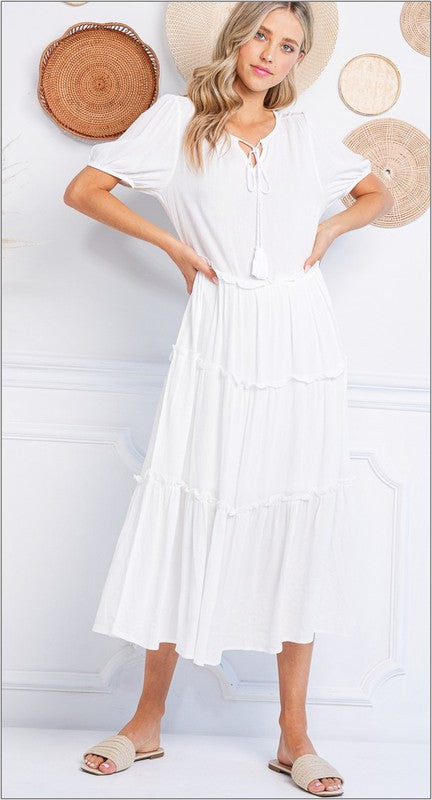 Tiered Maxi Dress with Tassel WHITE