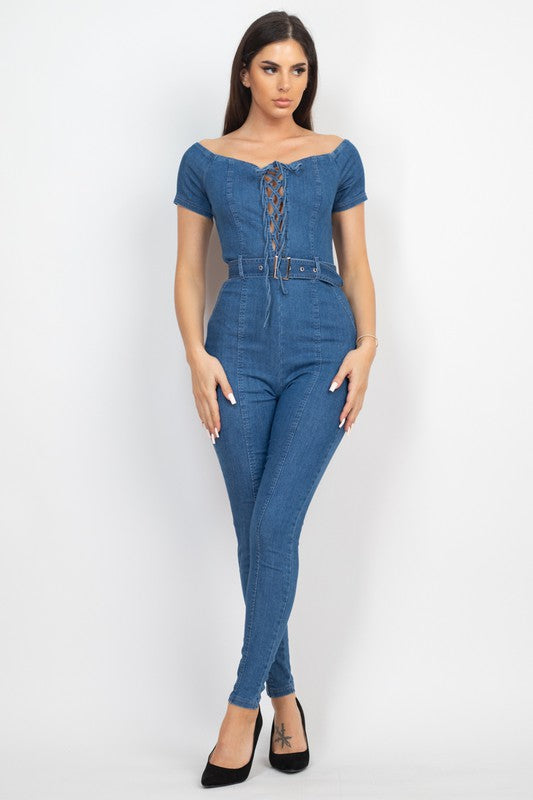 Front Lace-Up Zippered Denim Jumpsuit Medium Denim