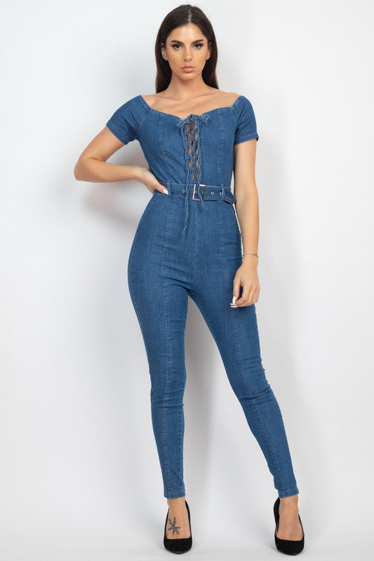 Front Lace-Up Zippered Denim Jumpsuit Medium Denim