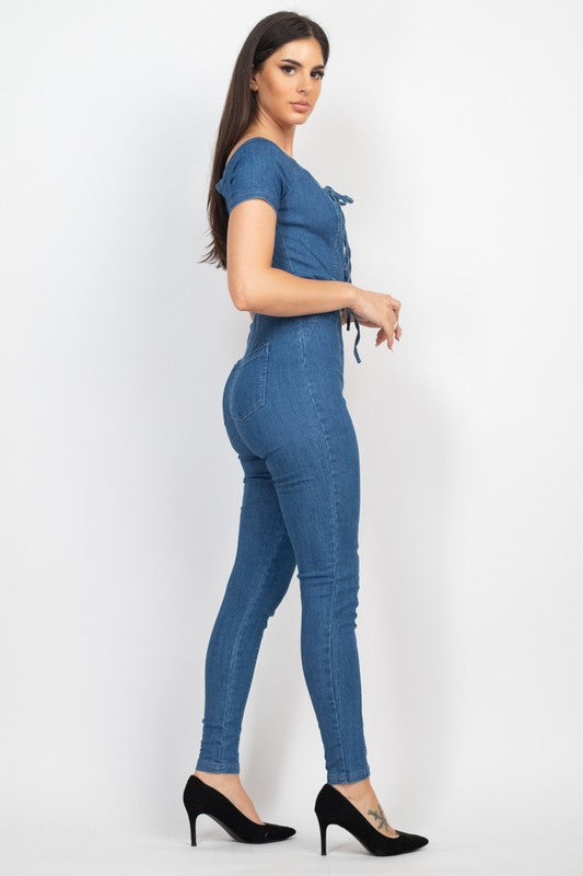 Front Lace-Up Zippered Denim Jumpsuit Medium Denim