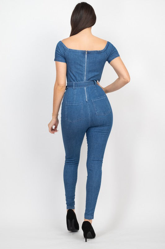 Front Lace-Up Zippered Denim Jumpsuit Medium Denim