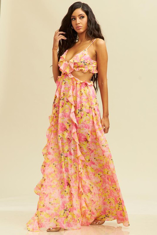 FRILLY RED FLORALS MAXI DRESS PINK YELLOW