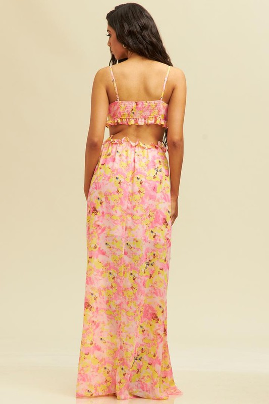 FRILLY RED FLORALS MAXI DRESS PINK YELLOW