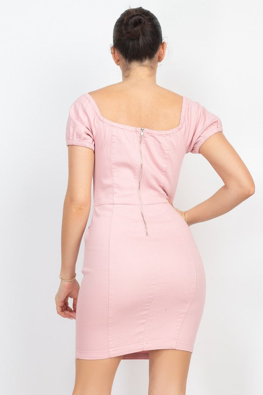 Puff Elastic Pocketed Bodycon Dress - DUSTY PINK