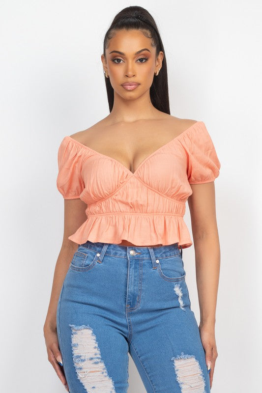 V-Neck Ruffled Solid Crop Top Coral